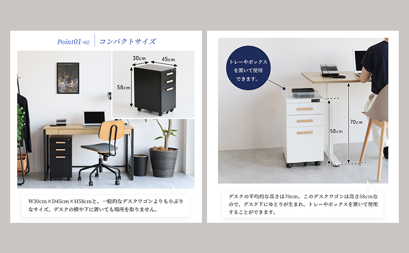 デスクワゴン 鍵付き キャスター付き 3段 完成品 Desk Wagon ブラック