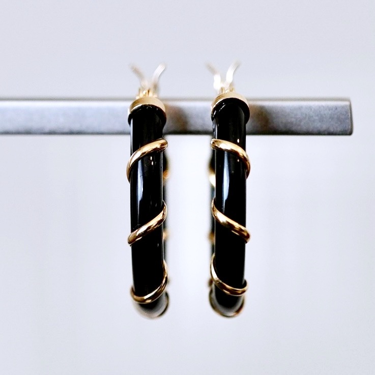 K18 18金 イエローゴールド オニキス フープ ピアス (直径20mm) 保証