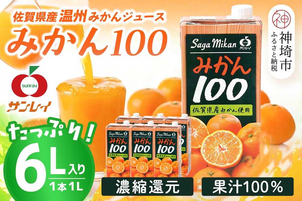 みかん100 1L×6本入り【みかんジュース 蓋付 天然 果汁100％】(H116234