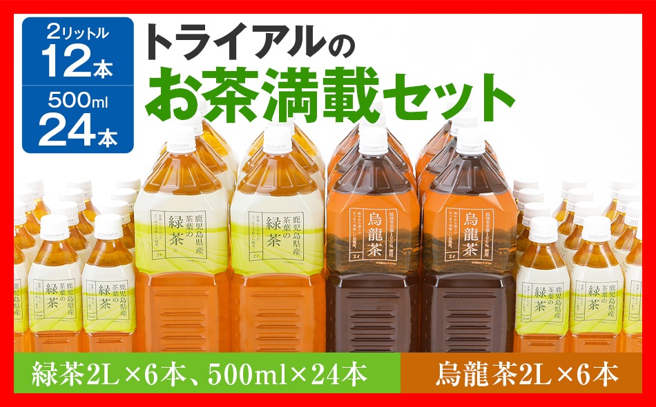 トライアルのお茶満載セット（緑茶2L×6本・烏龍茶2L×6本・緑茶500ml×24
