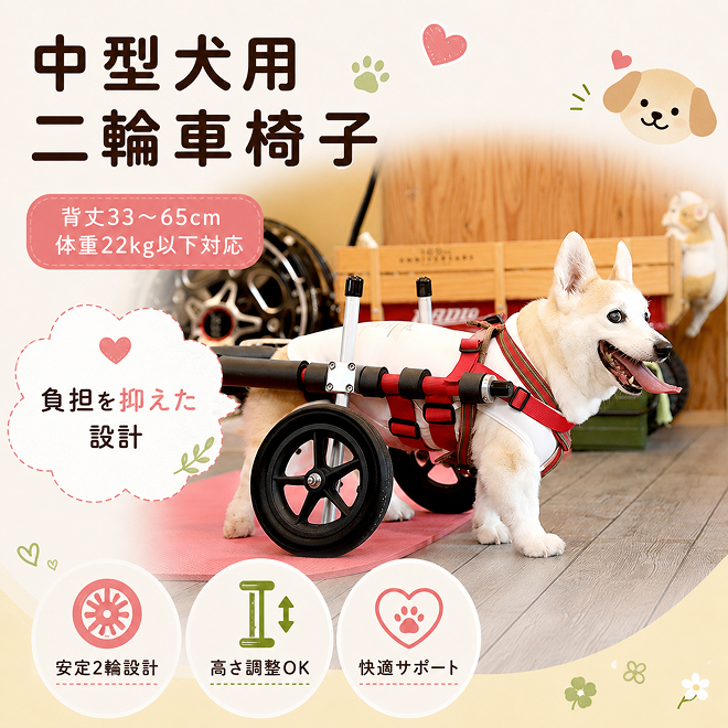 中型犬用二輪車椅子（背丈33～65cm 体重22キロ以下） 【!寄附前に事業