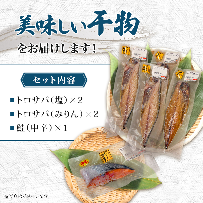 干物小セットA 5品 ＜トロさば（塩）×2 トロさば（みりん）×2 鮭（中辛
