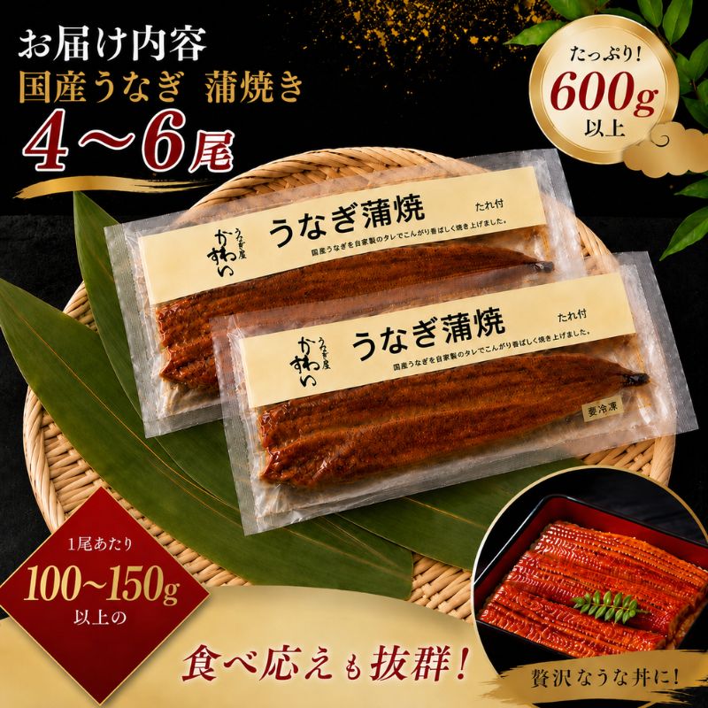 うなぎ 蒲焼き 国産 4～6尾 合計600g以上 タレ8個付き 鰻 ウナギ