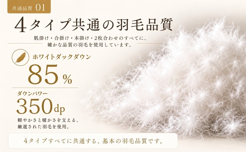 4タイプ共通 ホワイトダウン85％ ダウンパワー350dp