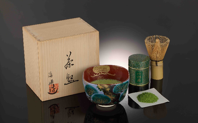 海鋒作清水焼抹茶碗セット(春香の昔40g、抹茶碗、茶せん)〈宇治抹茶