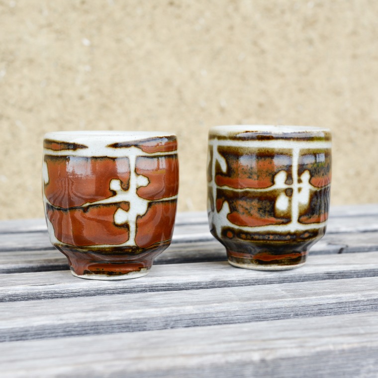 益子窯　柿釉　蝋抜き　汲み出し茶碗　湯呑　6客 Yahoo!オークション - 3939 昭和期 益子 柿釉汲出 セット ロウ