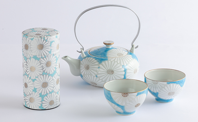 清水焼白菊茶器セット（宇治煎茶160g、土瓶、湯呑2客）〈お茶 茶 緑茶