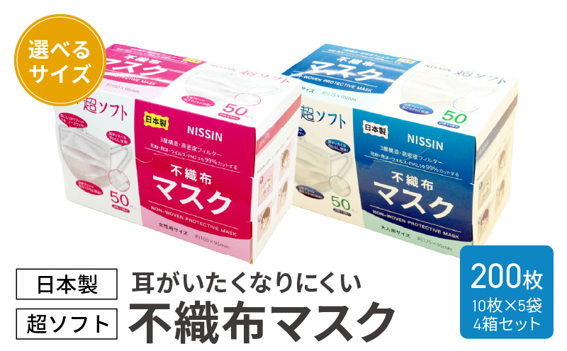 超ソフト 耳がいたくなりにくい不織布マスク（日本製） 200枚入（50枚