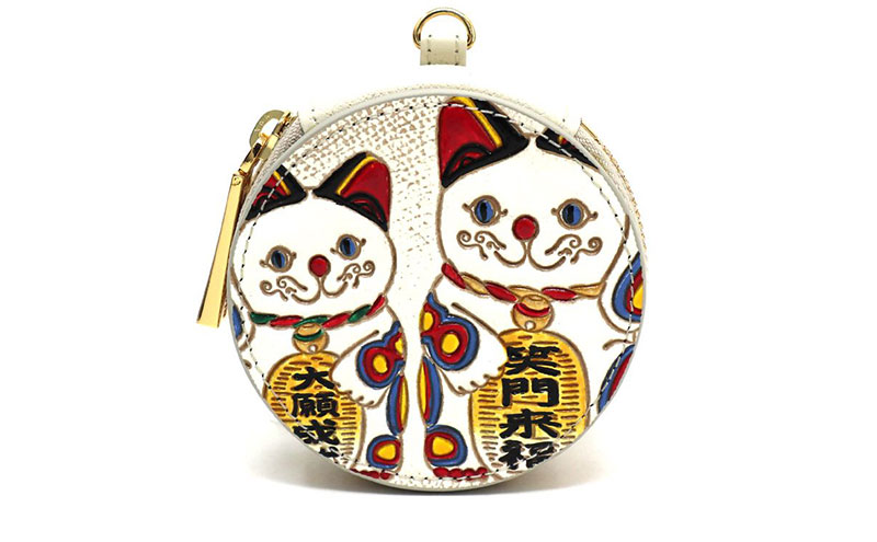文庫屋大関】マカロンポーチ 招き猫【皮革工芸品】 ポーチ ミニポーチ