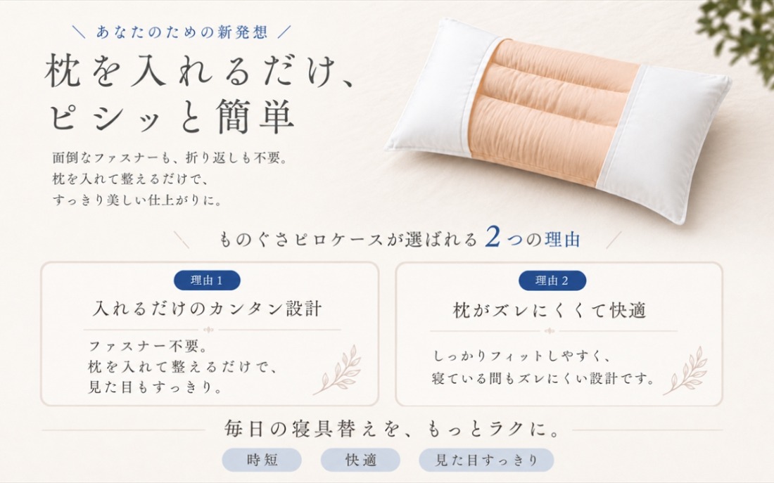枕を入れて形を整えるものぐさピロケースの仕様紹介