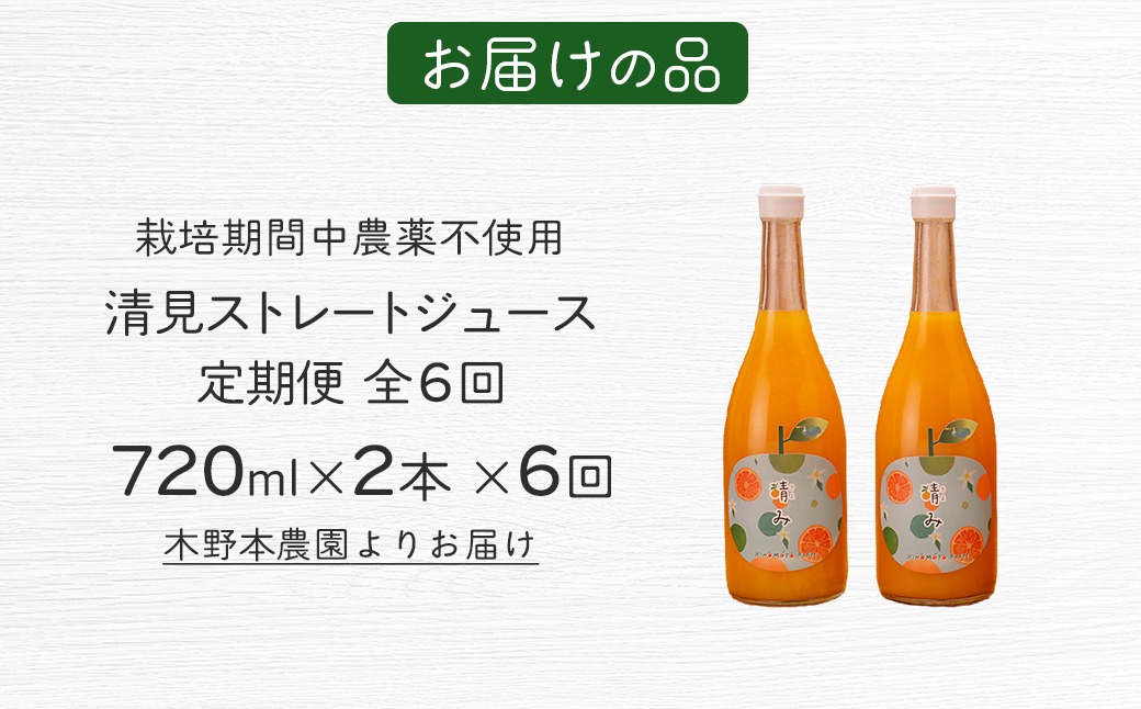 定期便】【栽培期間中農薬不使用】清見ストレートジュース 720ml×2本
