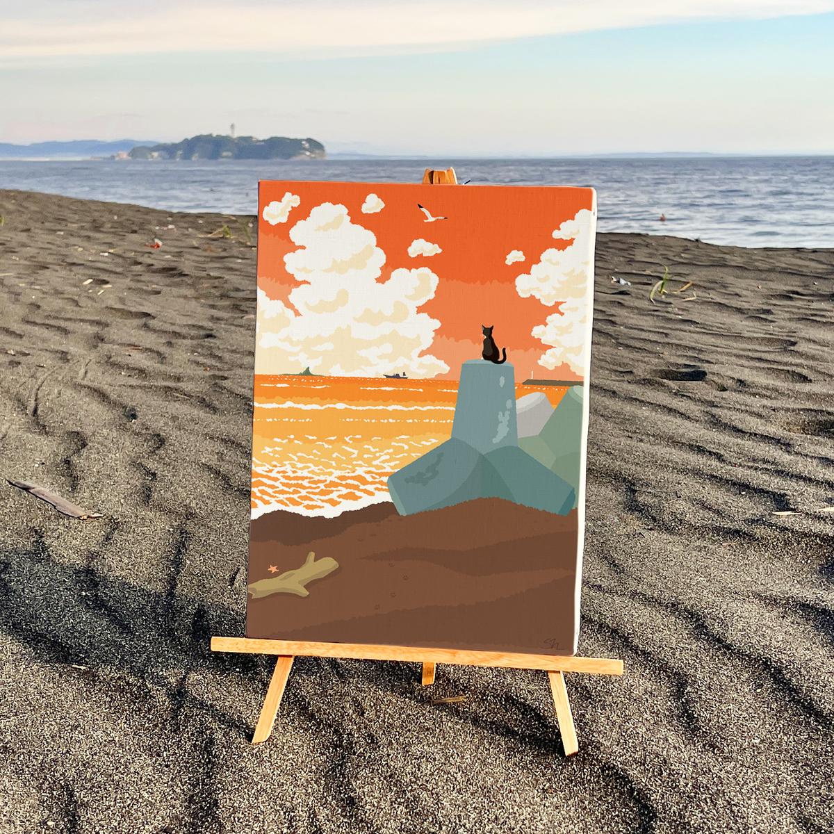 丸形キャンバス アクリル画 ビーチ ブーゲンビリア 海辺 絵画 イラスト