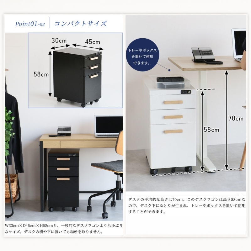 デスクワゴン 鍵付き キャスター付き 3段 完成品 Desk Wagon ブラック