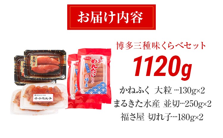辛子明太子 博多三種味くらべセット大盛 1120g(かねふく大粒130g×2