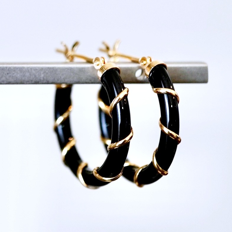 K18 18金 イエローゴールド オニキス フープ ピアス (直径20mm) 保証