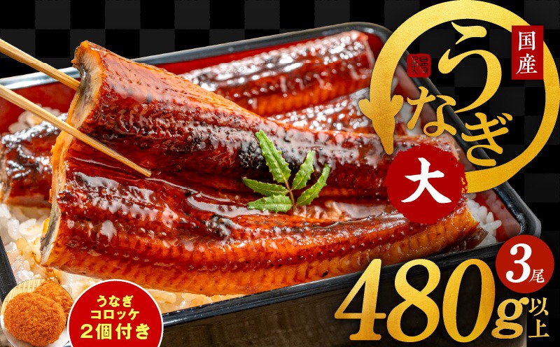 G1690 国産うなぎ 3尾 480g以上 大サイズ うなぎコロッケ 2個