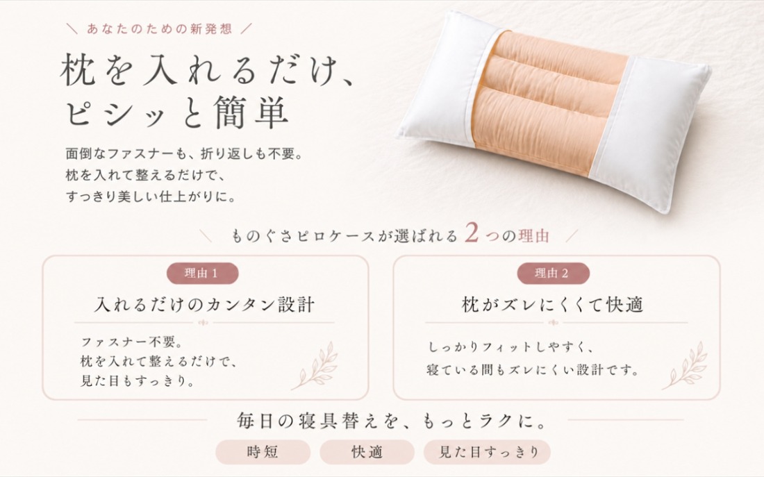 枕を入れて整えるものぐさピロケースの仕様紹介