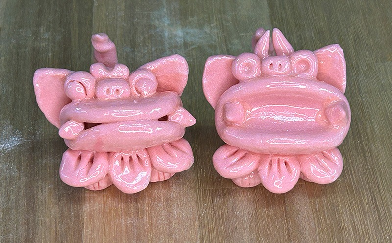 手びねり】透土練り込み パステルシーサーペア(施釉本焼) 日用品