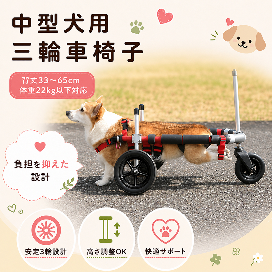 中型犬用三輪車椅子（背丈33～65cm 体重22キロ以下） 【!寄附前に事業