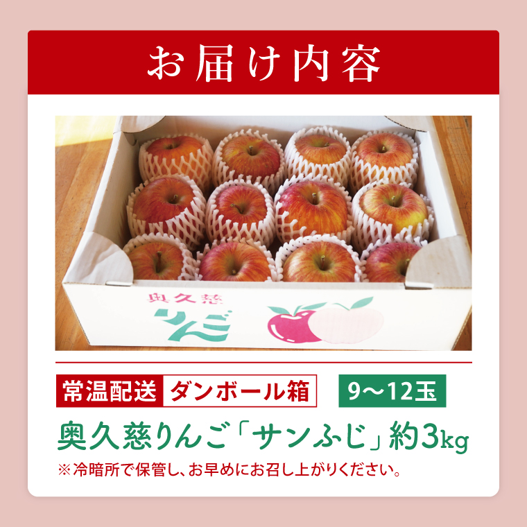 先行予約】仲野りんご園の奥久慈りんご「サンふじ」約3kg（9～12玉
