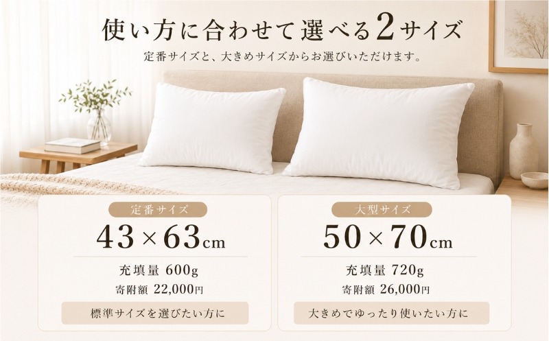 定番43&times;63cm・充填量600gと大型50&times;70cm・充填量720gの比較