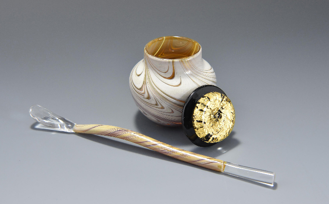 極美品✨手吹きガラス 棗 金箔 ガラス　茶道具 高級ガラス工芸品 棗と茶杓セット〈高級 ガラス 棗 茶杓 セット 茶道