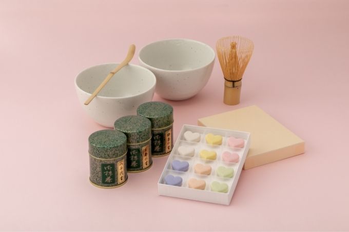 ハートのお抹茶セット(宇治抹茶30g×3種、和三盆糖、抹茶碗セット