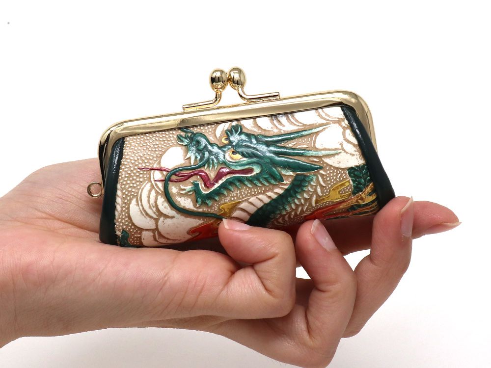 文庫屋大関】印鑑ケース 龍＜緑＞【皮革工芸品】牛革 小物入れ 小銭